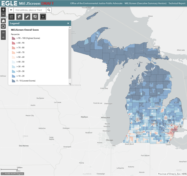 tables showing categories and GIS layers used in MIchigan EJScreen