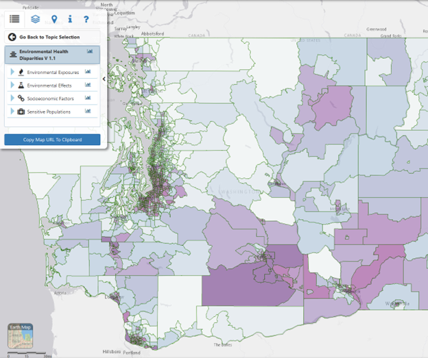 map from state of Washington Environmental Health Disparities Map Project